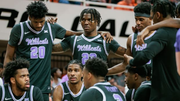 Feb 3, 2024; Stillwater, Oklahoma, USA; Kansas State Wildcats huddle during a time out in the second half against the Oklahoma State Cowboys at Gallagher-Iba Arena. Mandatory Credit: William Purnell-USA TODAY Sports  